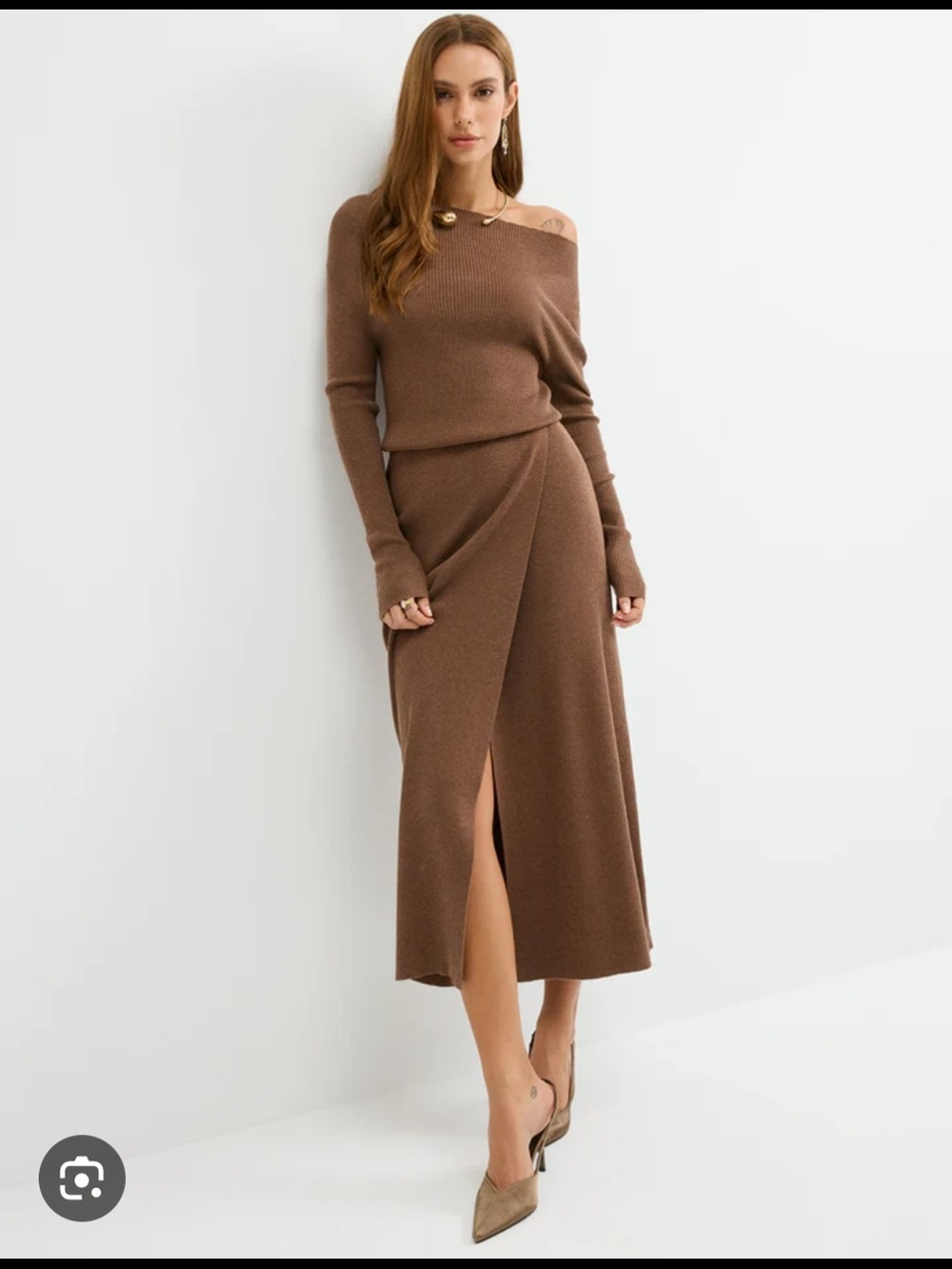Commense Brown Ribbed Sweater Skirt Set, XS